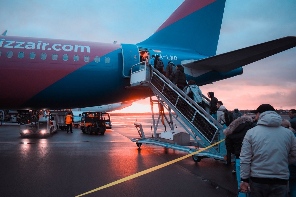boarding a long-haul flight in the evening