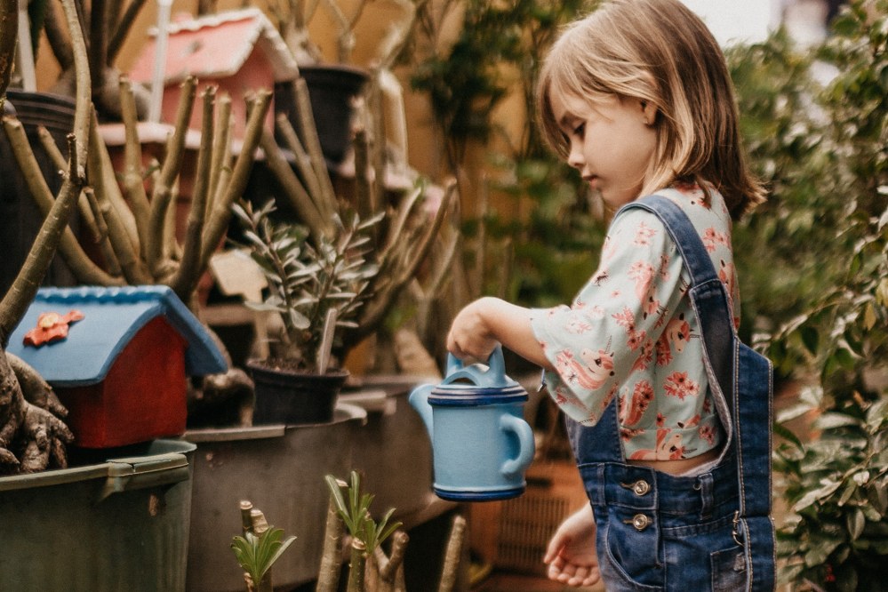 vegetable garden - girl watering plants