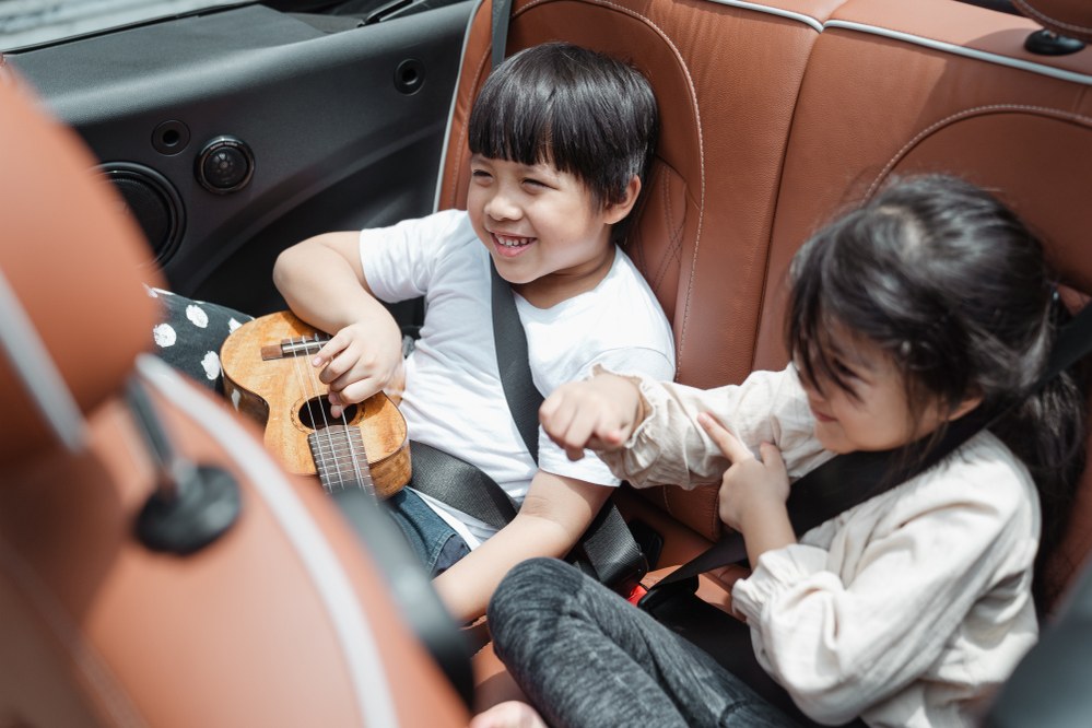 kids playing in the back of the car on holiday