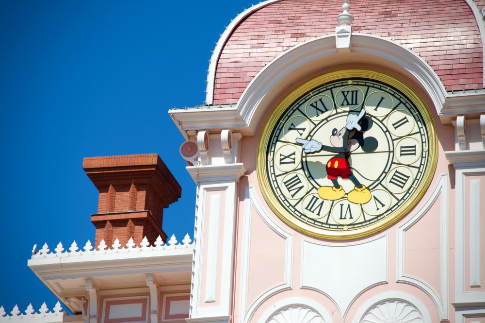 Mickey Mouse clock on entrance building to Disneyland